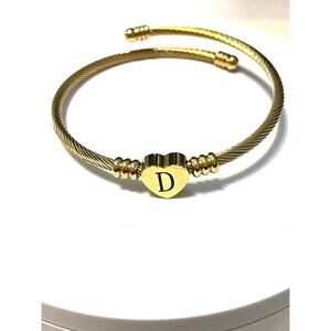 Gold Plated Heart Initial D Expandable Stainless Steel Cuff Bracelet
